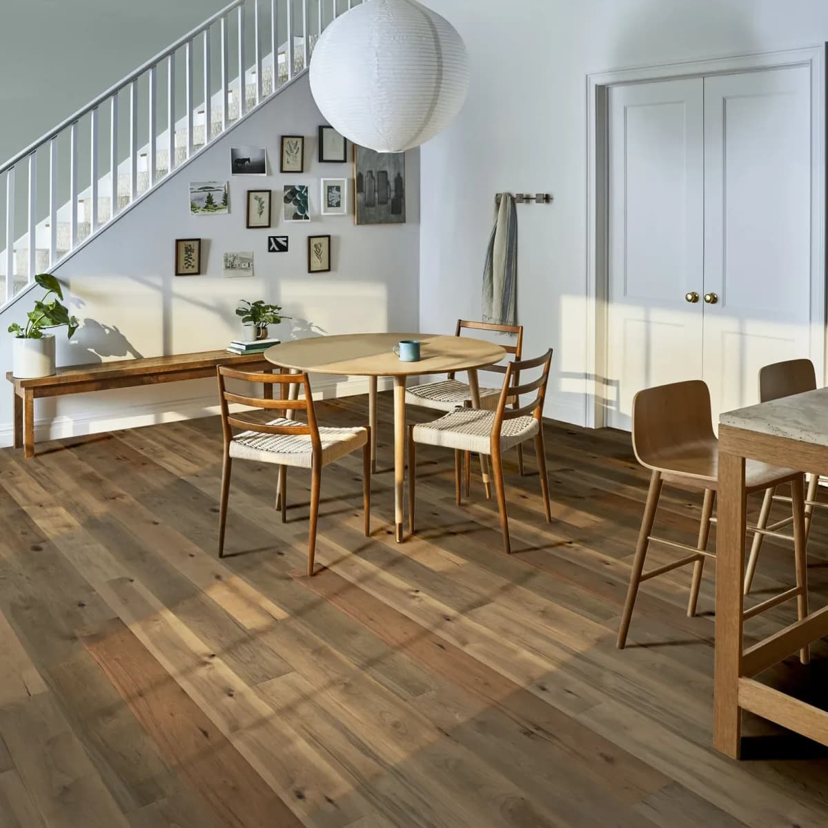 Bright, directional sunlight rakes across Epitome hickory hardwood flooring, casting long window shadows