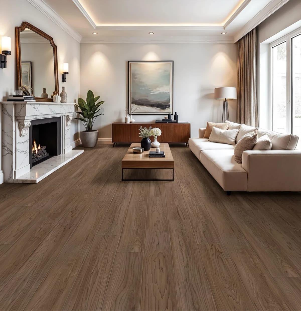 COREtec wood-look vinyl plank flooring in a living room with a fireplace and cream sofa