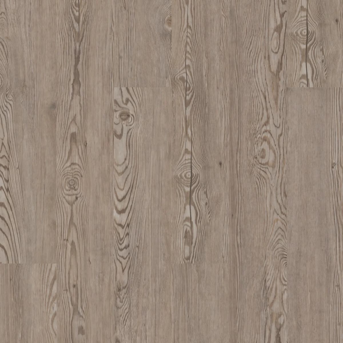 Close-up of gray-taupe luxury vinyl plank flooring showing pronounced wood grain and knots