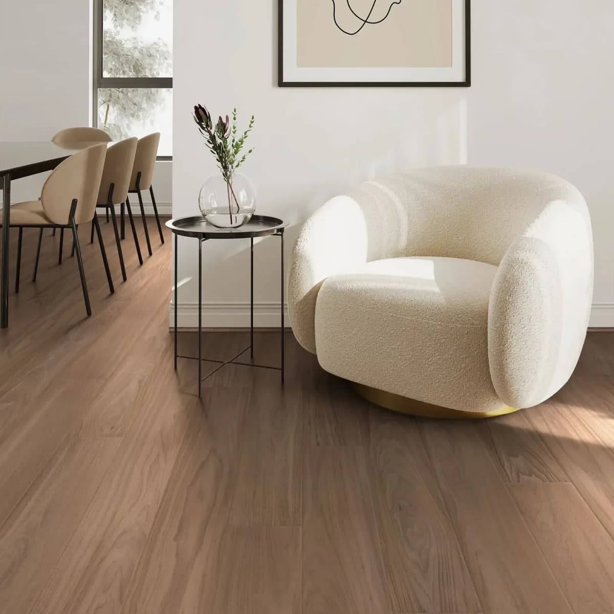 COREtec Whiskey Oak luxury vinyl plank flooring finishes a bright, open living room