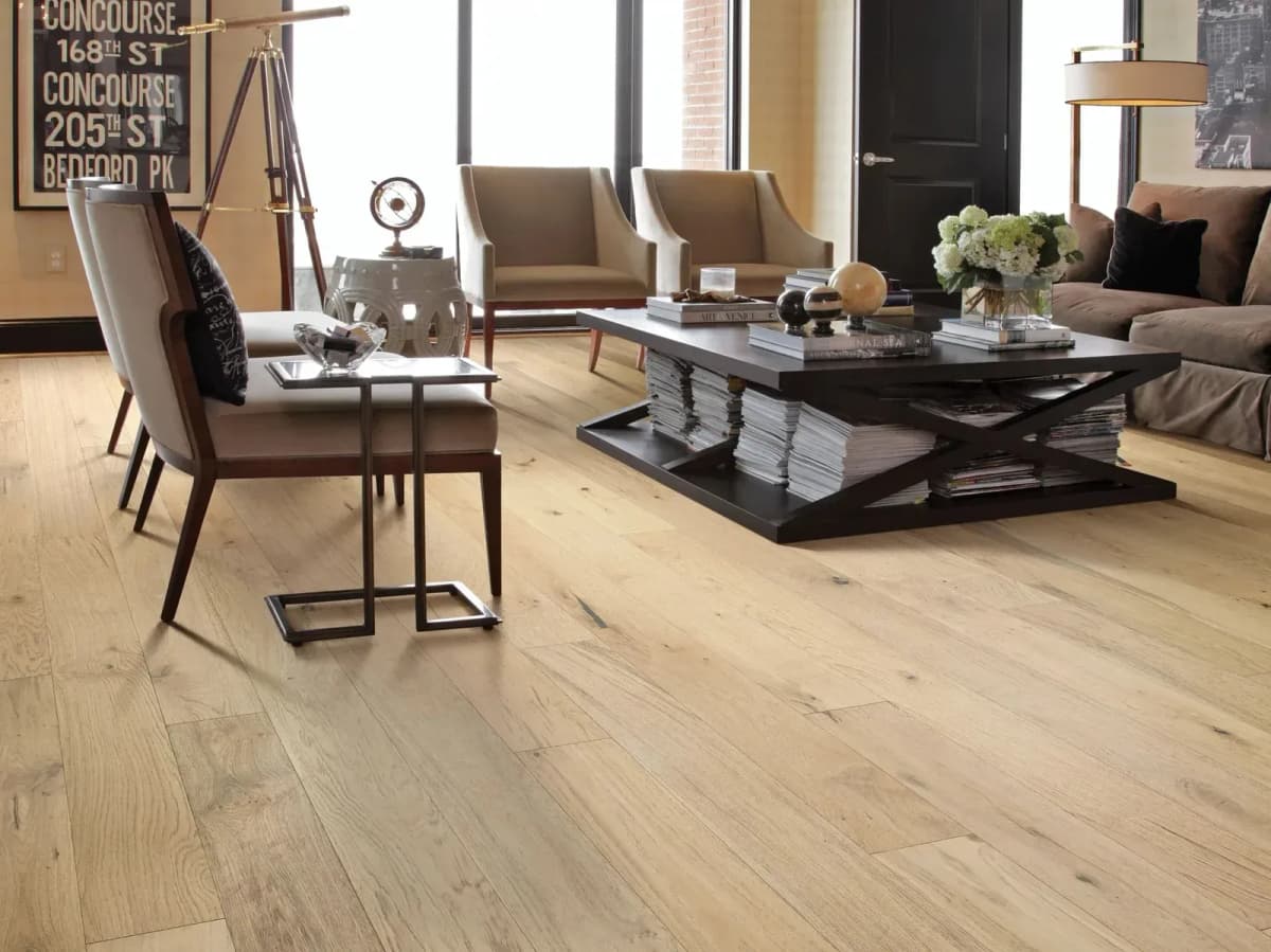 Sovereign white oak hardwood flooring installed across a bright, modern living room