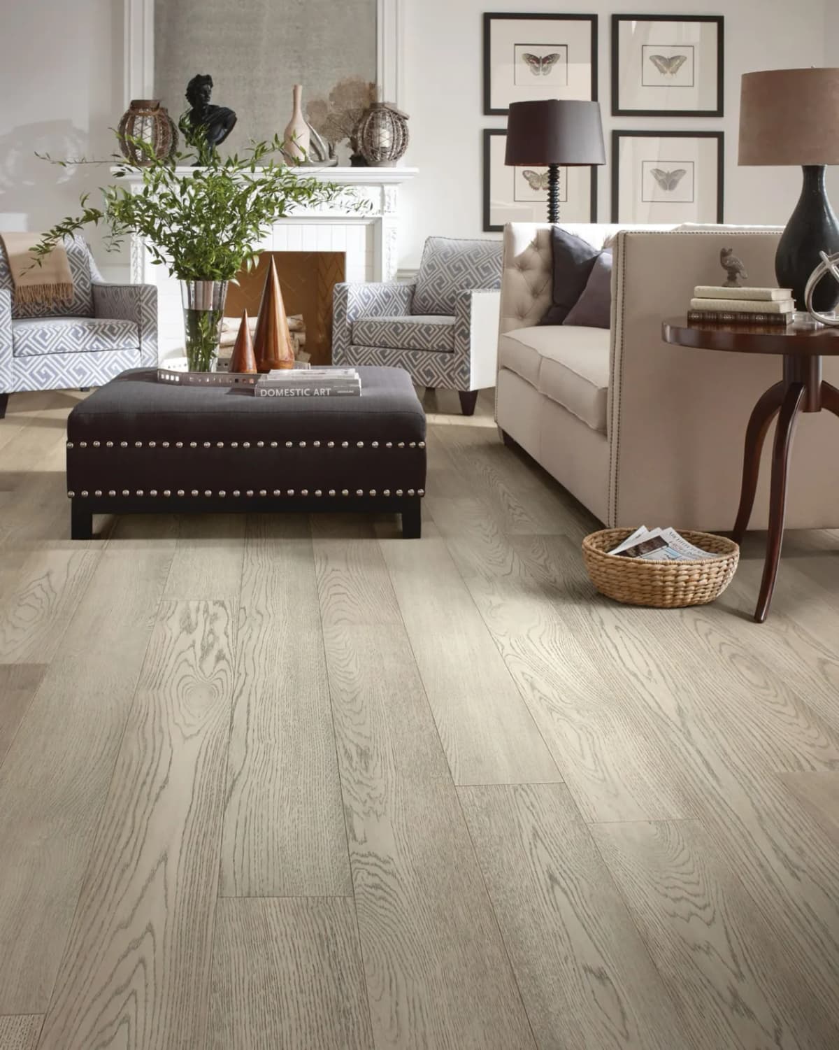 White oak hardwood floor with visible grain in a traditional living room