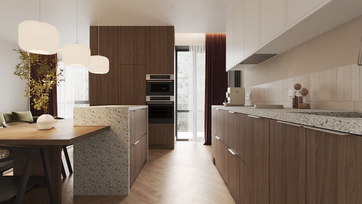 Warm hardwood flooring in a sunlit kitchen — the comfortable underfoot warmth radiant heat delivers