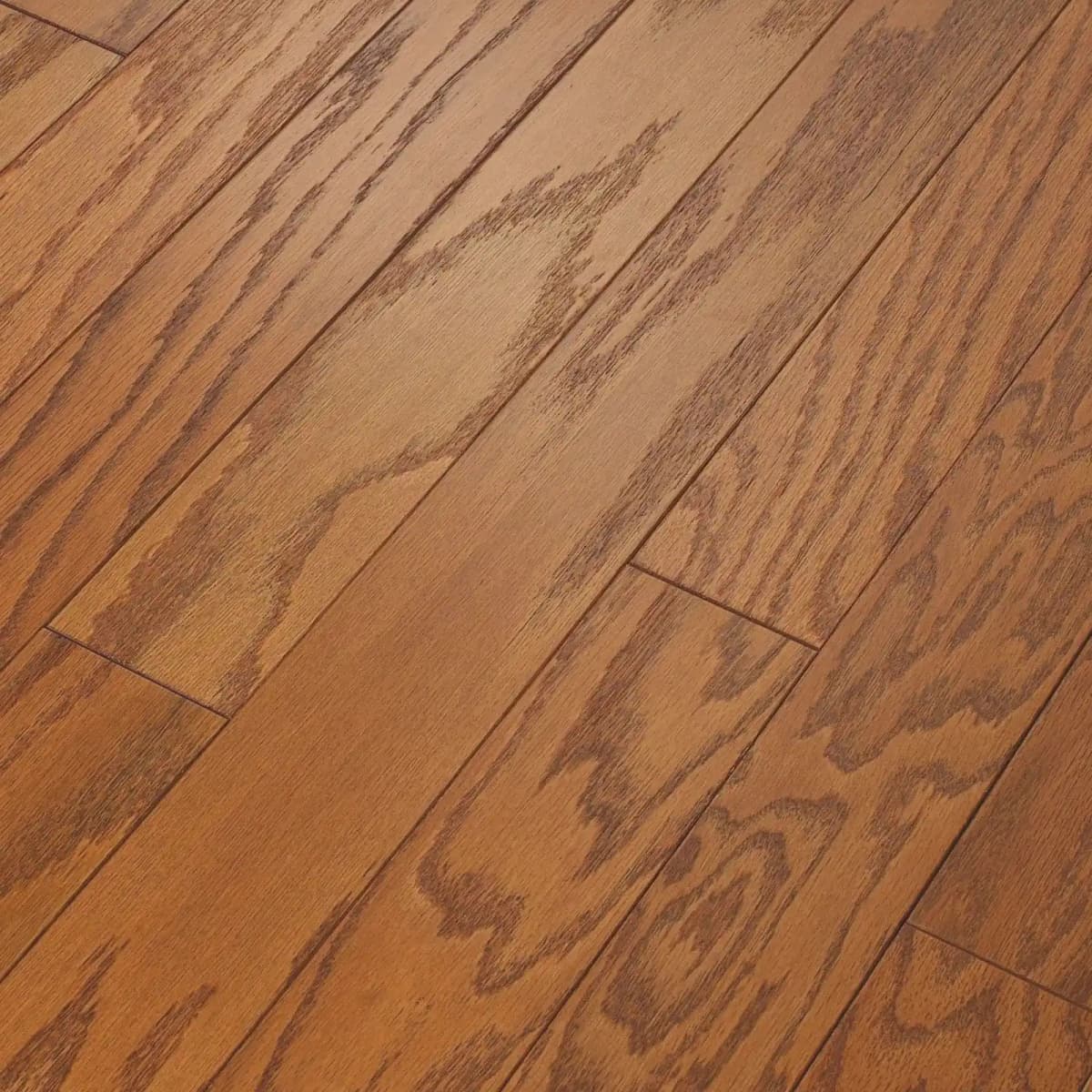 Gunstock red oak flooring displays warm amber tones, bold cathedral grain, and a soft sheen up close.