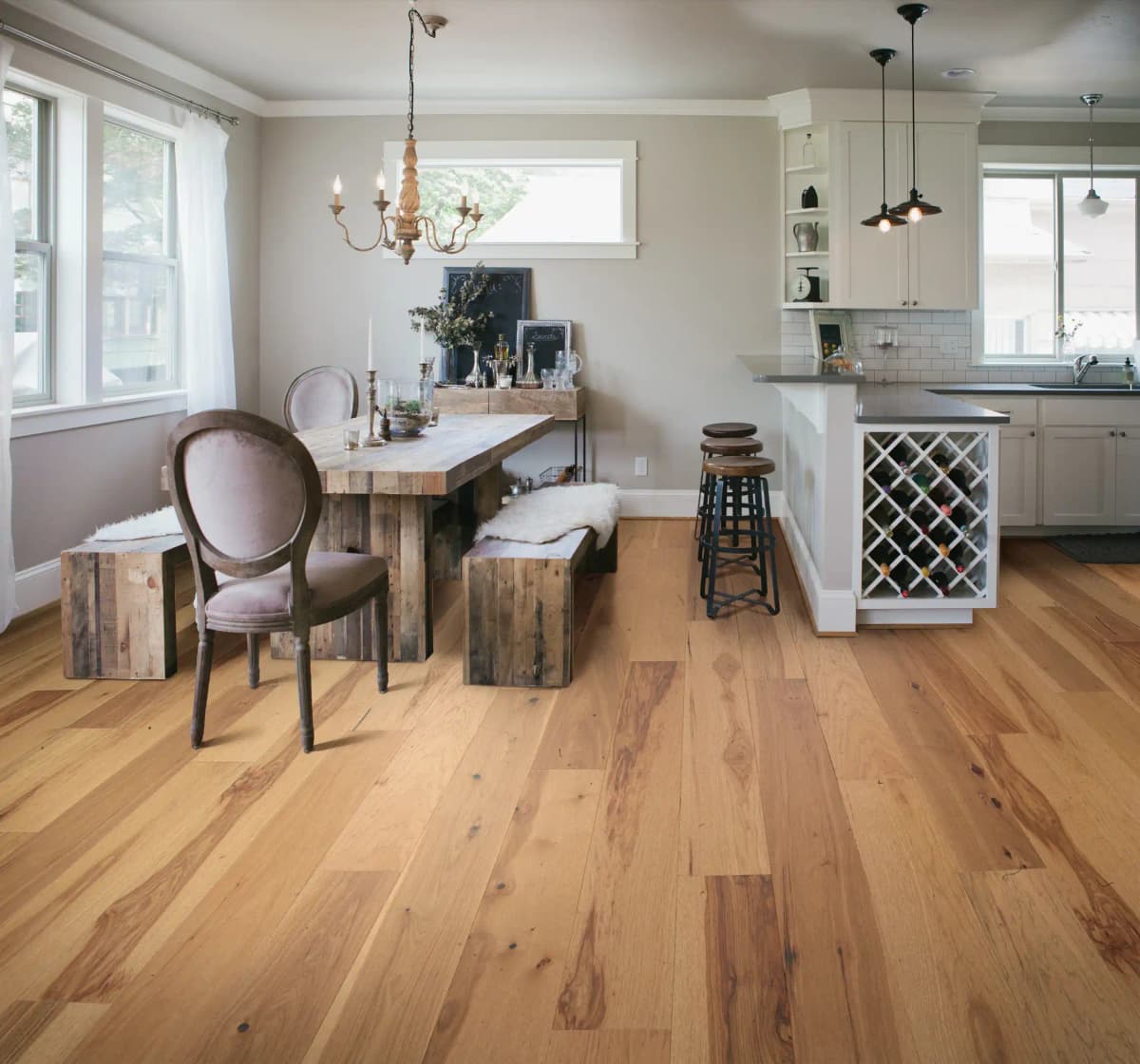 Shaw engineered hardwood flooring in a modern living room with wide plank white oak