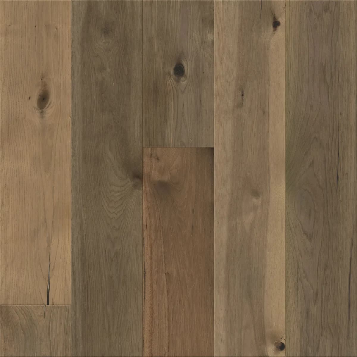 Close view of hickory planks showing knots, open grain, and tan-to-brown color variation.