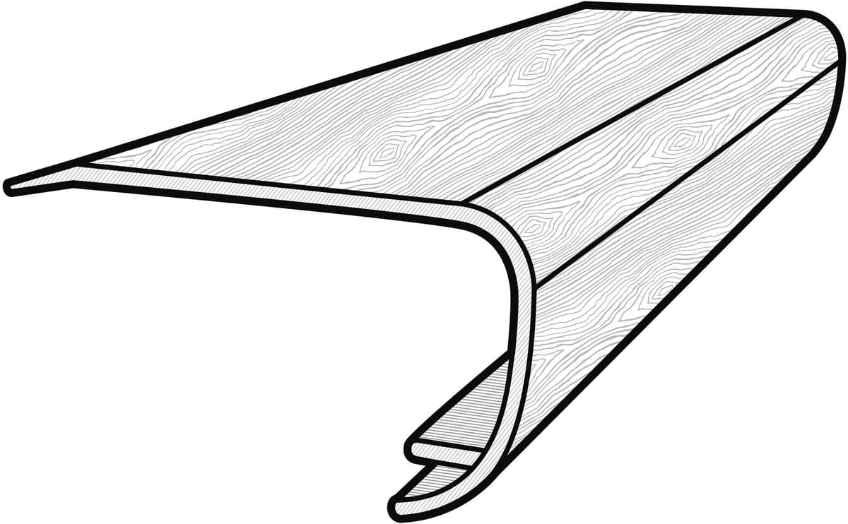 Profile drawing of an overlap stair nose: a lip extends back over the plank edge instead of meeting it flush