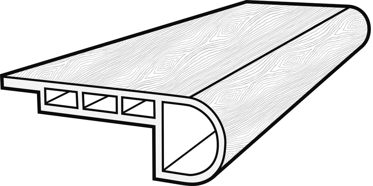 Profile drawing of a flush stair nose: the piece meets the flooring edge-to-edge with no lip over the plank
